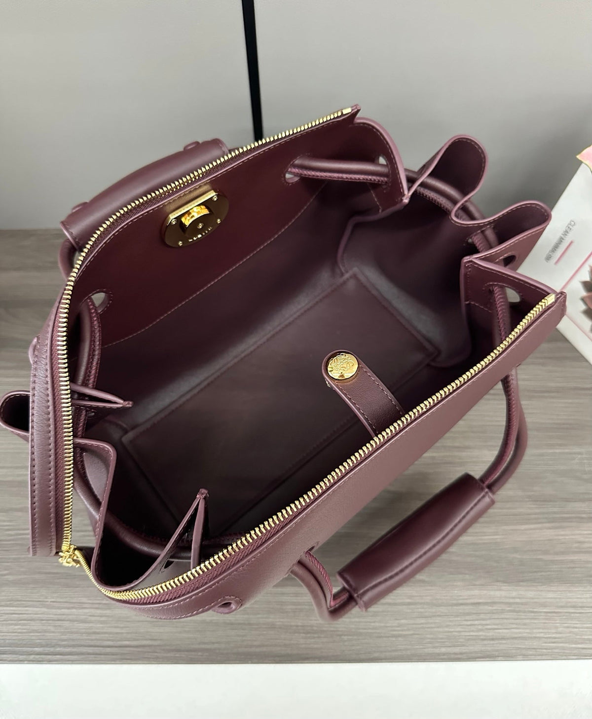 LOEWE 25S MEDIUM MADRID BAG 23 IN DARK WINE CALFSKIN GOLD HARDWARE