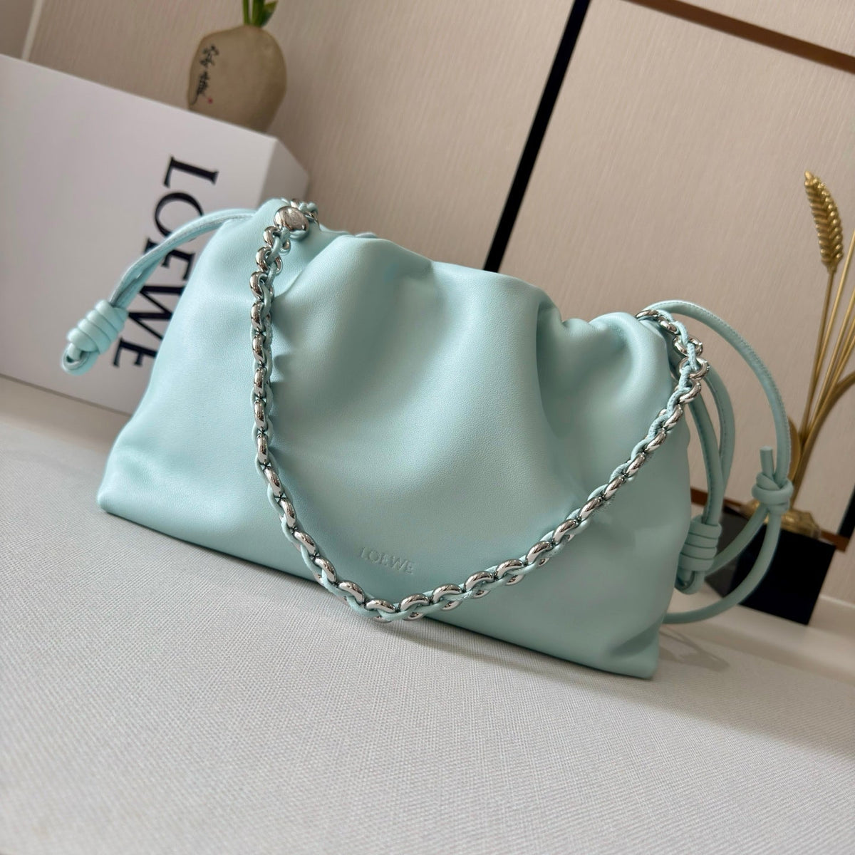 LOEWE 25S FLAMENCO PURSE 30 IN PALE AQUA NAPPA LEATHER SILVER HARDWARE