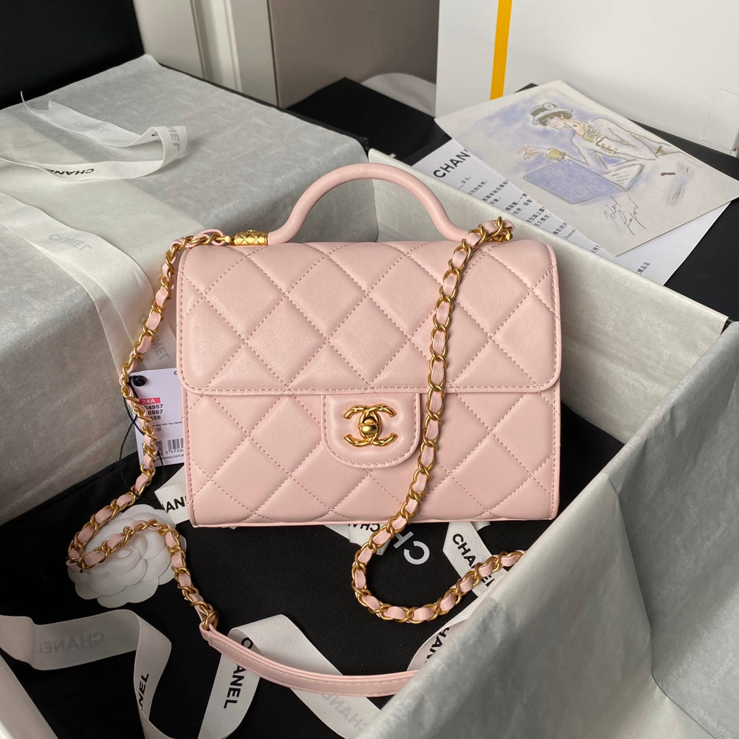 CHANEL 25S FLAP BAG 21 CM IN LIGHT PINK LAMBSKIN WITH TOP HANDLE