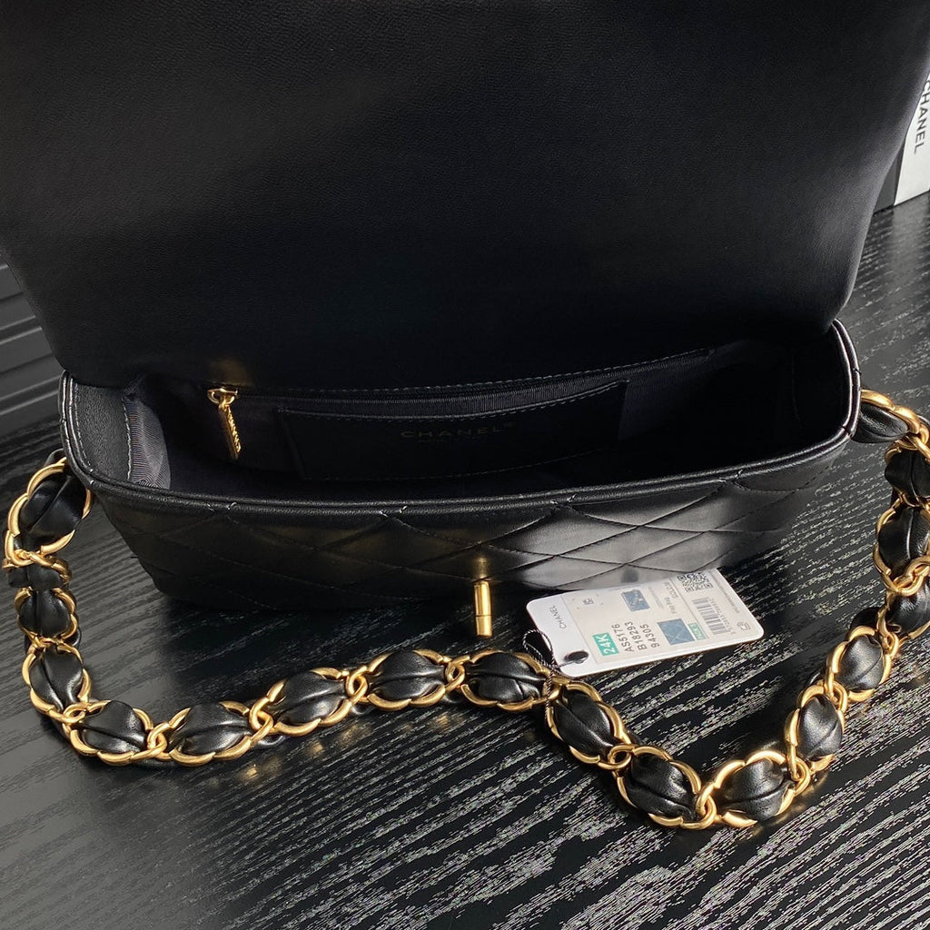 CHANEL MEDIUM FLAP BAG 26 IN BLACK CALFSKIN GOLD DOUBLE C THICK CHAIN