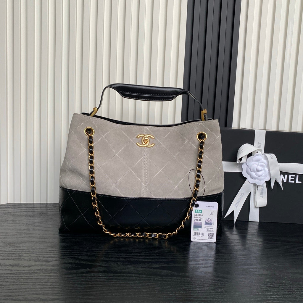 CHANEL 25S HOBO BAG 36 IN GREY SUEDE AND BLACK CALFSKIN WITH GOLD HARDWARE
