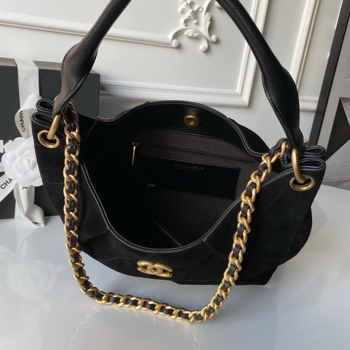 CHANEL 25S HOBO BAG 31 IN BLACK SUEDE WITH GOLD HARDWARE