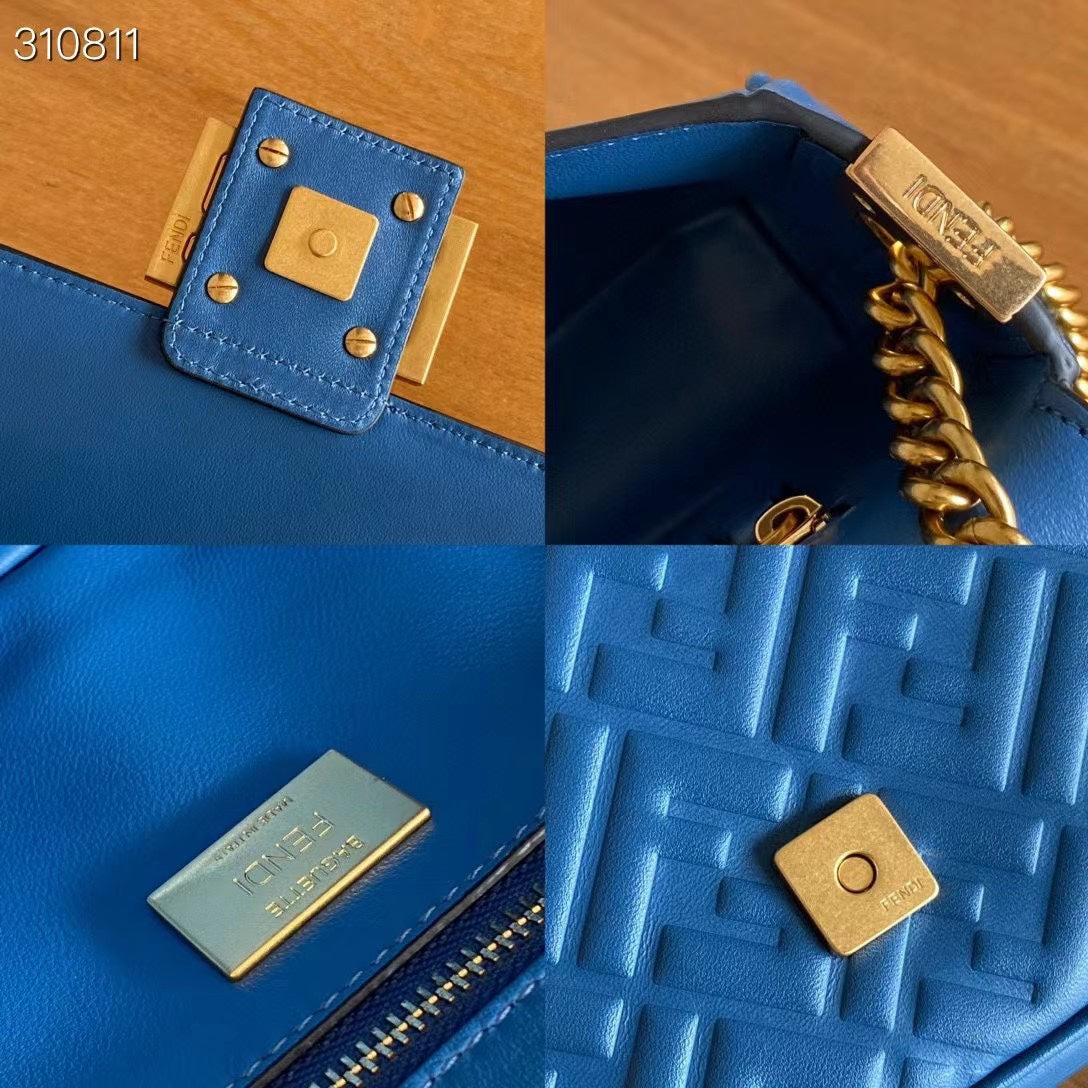 Fend Baguette 24 Bag With FF Motif Blue Leather Ghw