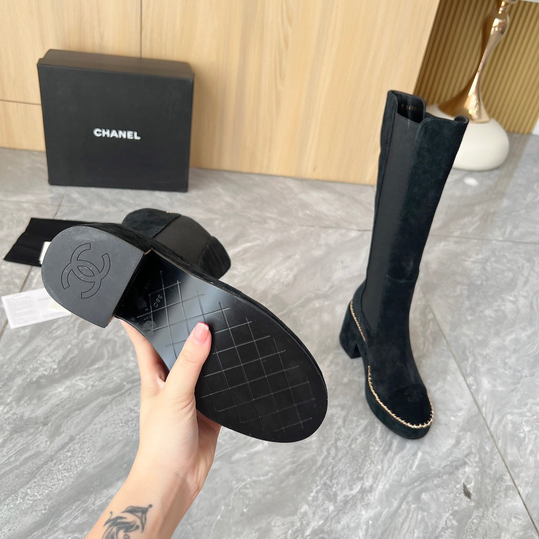 CHANEL 25S HIGH BOOTS STRETCHY SHAFT 85MM IN BLACK SUEDE GOLD HARDWRE