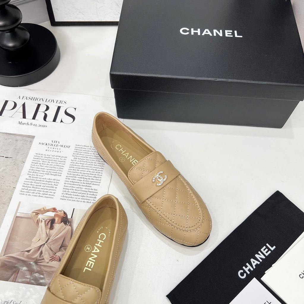 CHANEL 25S LOAFER DANCE SHOES IN BEIGE CALFSKIN GOLD HARDWRE