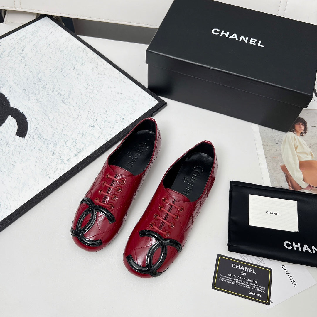 CHANEL 25S DANCE SHOES WITH PRINTED LOGO IN BURGUNDY CALFSKIN