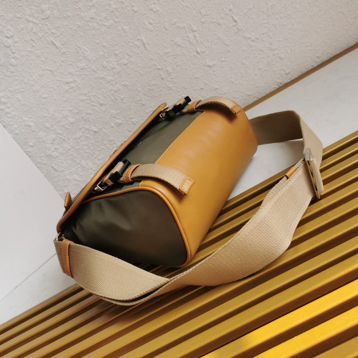 PRADA MESSENGER BAG 20 IN KHAKI GREEN RE-NYLON AND BROWN CALFSKIN TRIM