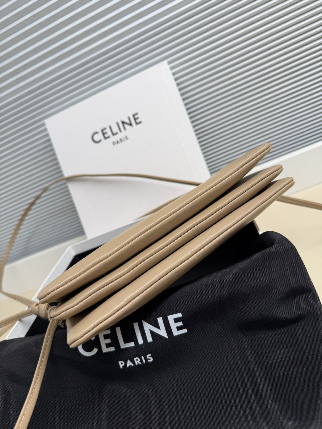 CELINE 25S TRIO FLAP 22MM IN DARK BEIGE SMOOTH LAMBSKIN GOLD HARDWARE