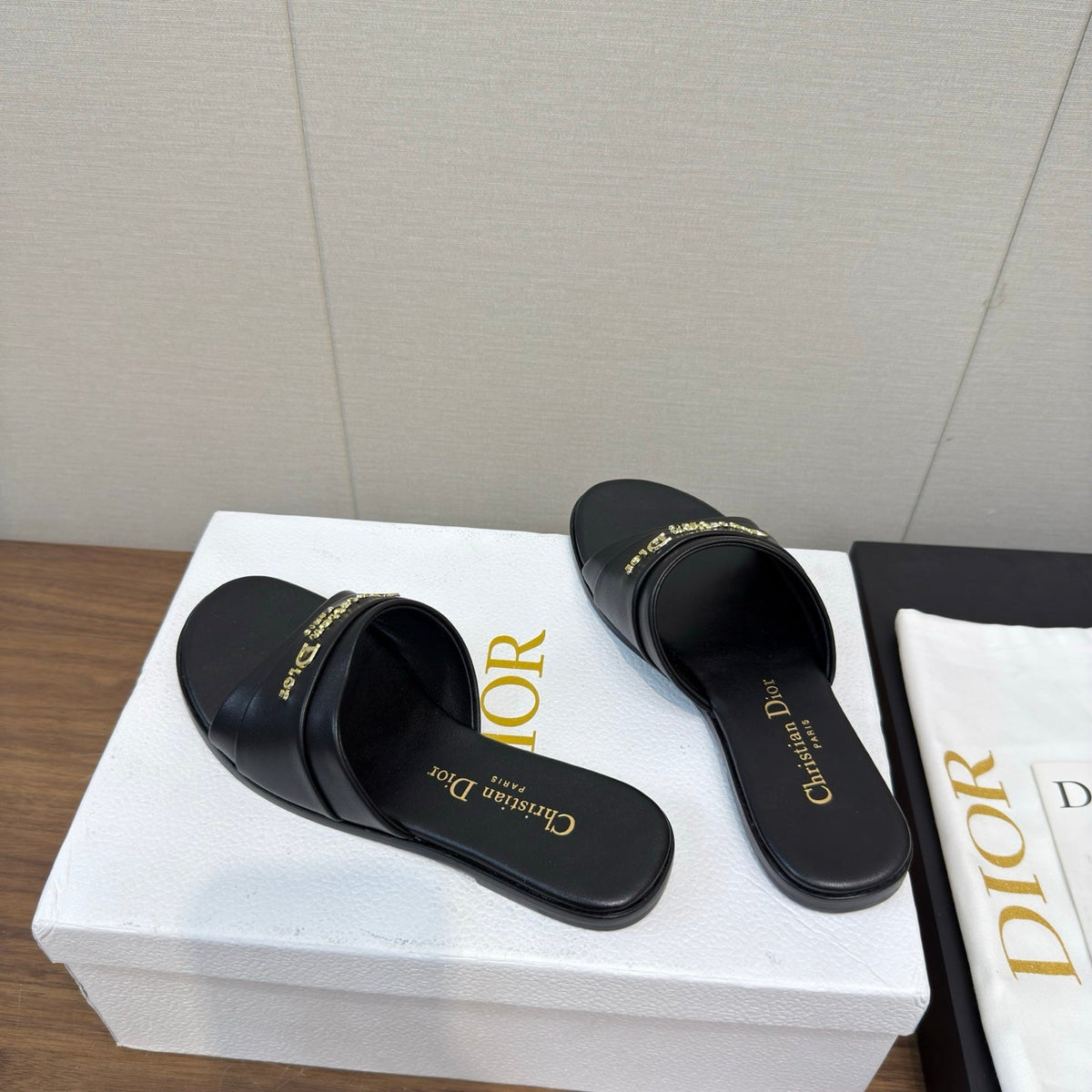 DIOR SANDAL 25S IN BLACK LAMBSKIN WITH GOLD HARDWARE