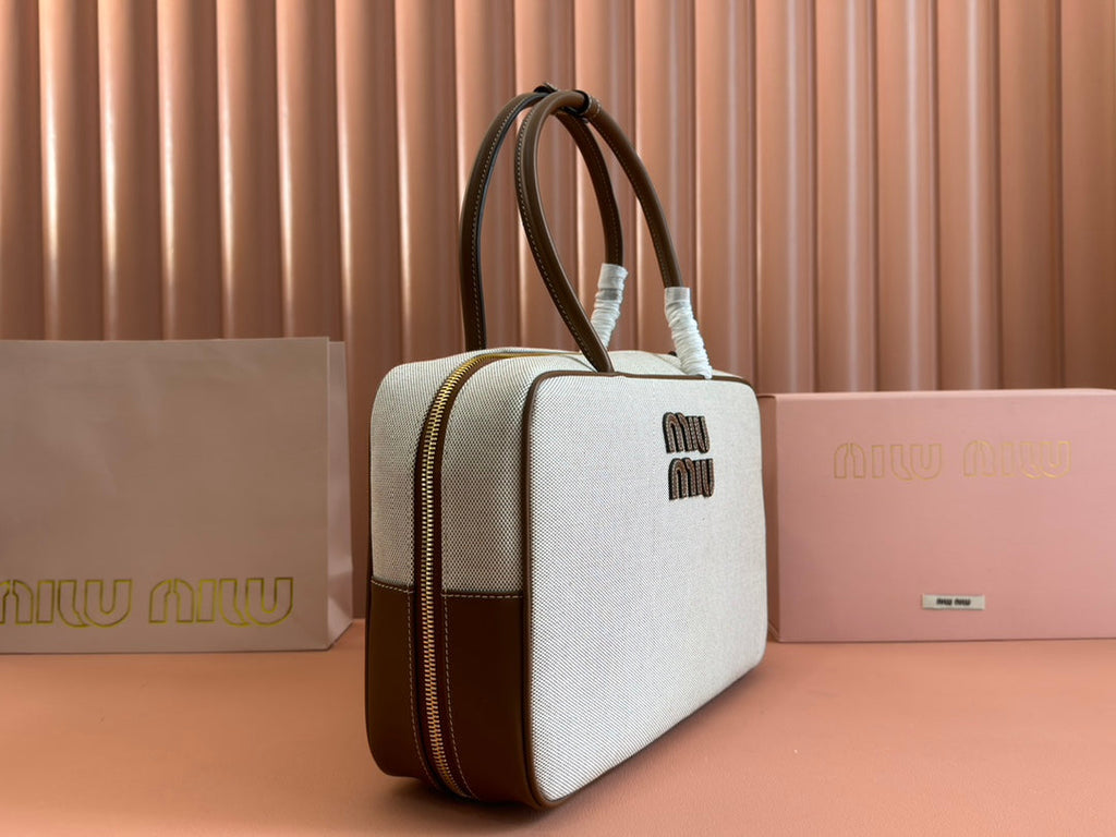 BEAU TOP HANDLE BAG 34 IN WHITE CANVAS AND WALNUT BROWN CALFSKIN TRIM
