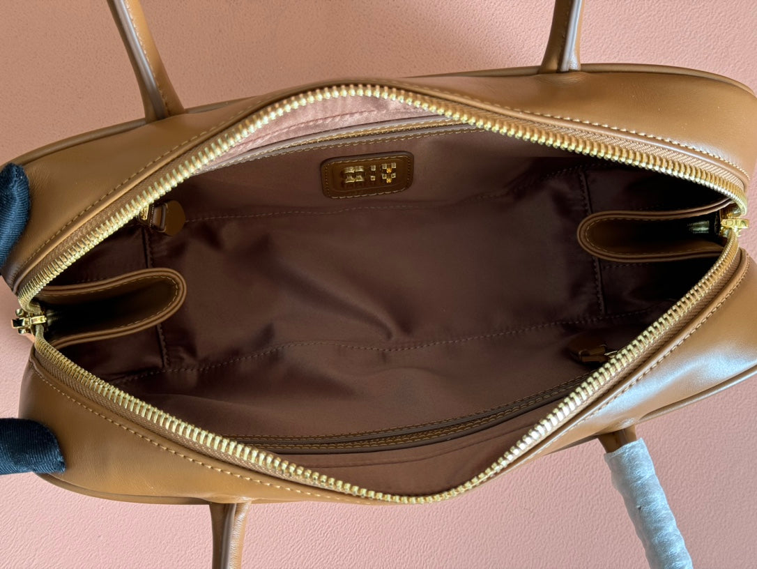 BEAU TOP HANDLE BAG 29 IN TAWNY BROWN GLOSSY CALFSKIN