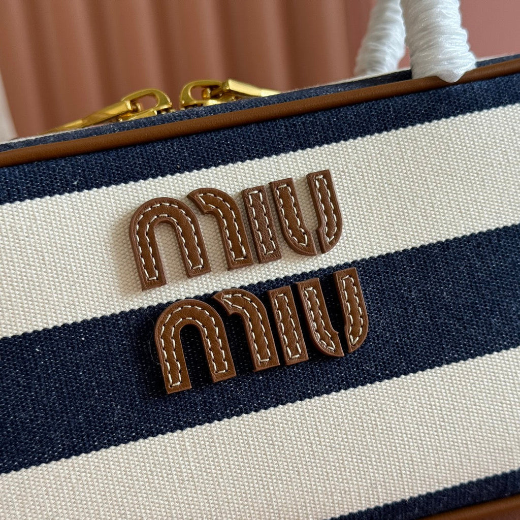 BEAU BAG 28 BLUE AND BEIGE STRIPES IN CANVAS AND CALFSKIN
