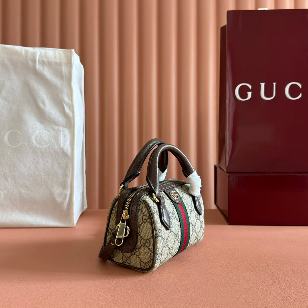 GUCCI 25S OPHIDIA MINI BOSTON BAG 16 IN BEIGE CANVAS AND BROWN CALFSKIN