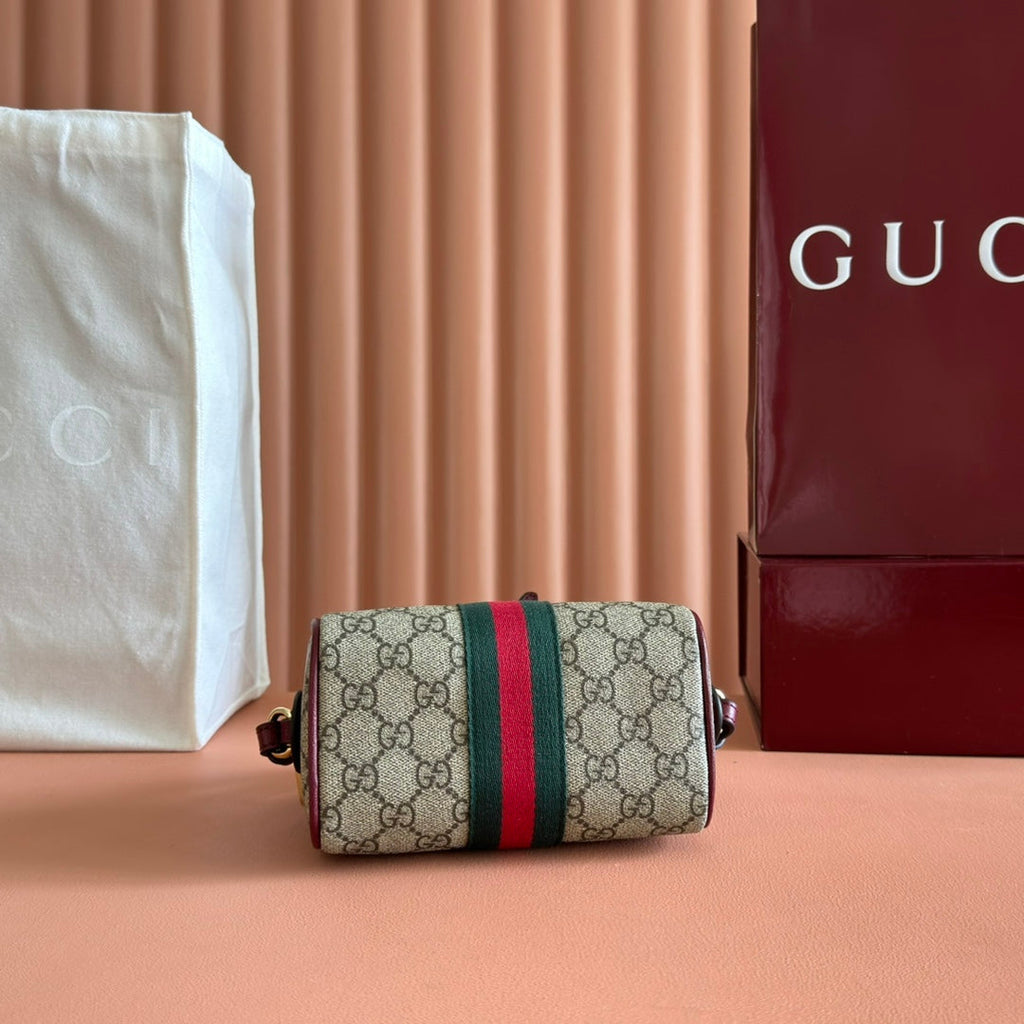 GUCCI 25S OPHIDIA MINI BOSTON BAG 16 IN BEIGE CANVAS AND ROSSO ANCORA CALFSKIN