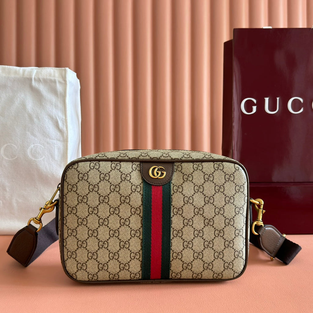GUCCI 25S OPHIDIA CROSSBODY BAG 28 IN BEIGE CANVAS AND BROWN CALFSKIN