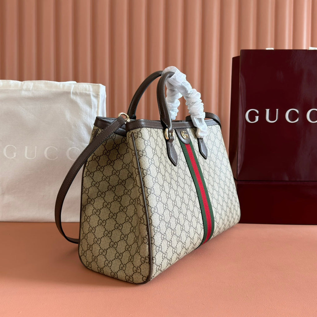 GUCCI 26S OPHIDIA HANDBAG 39 IN BROWN AND DARK BEIGE CANVAS