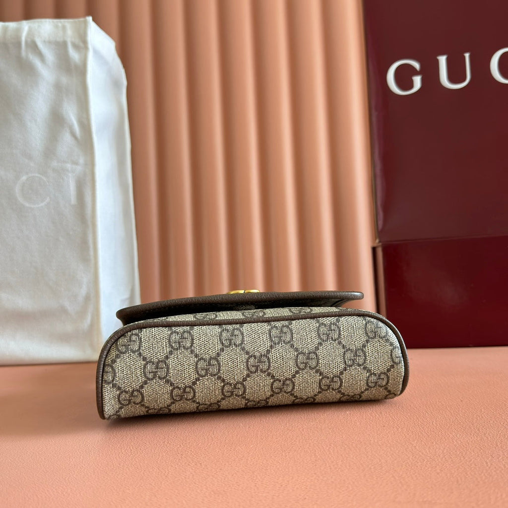 GUCCI 25S OPHIDIA BAG 18 IN BEIGE CANVAS AND BROWN CALFSKIN SILVER HARDWARE