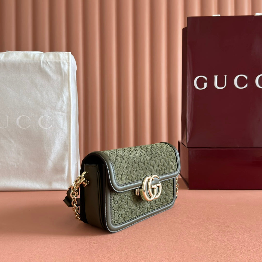 GUCCI 26S SHOULDER BAG 21 IN MOSS GREEN EMBOSSED SUEDE AND CALFSKIN