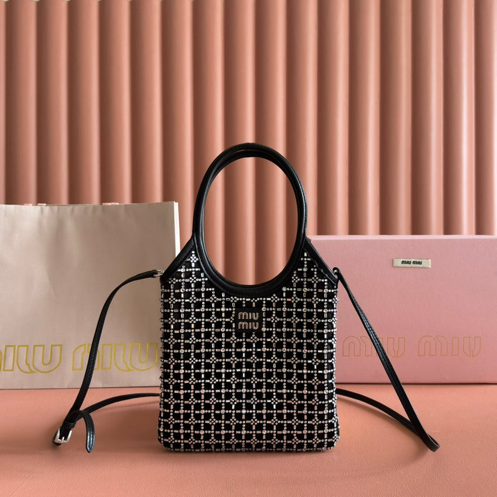 MIUMIU 26S CRYSTAL TOTE 24 BAG IN BLACK CALFSKIN
