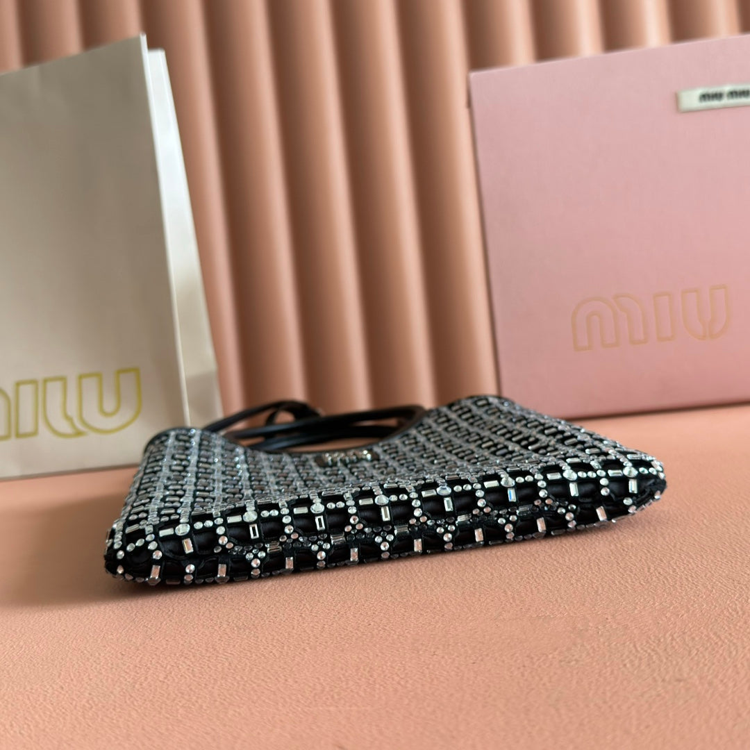 MIUMIU 26S CRYSTAL TOTE 24 BAG IN BLACK CALFSKIN