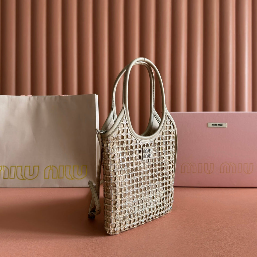 MIUMIU 26S CRYSTAL TOTE 24 BAG IN DARK BEIGE CALFSKIN