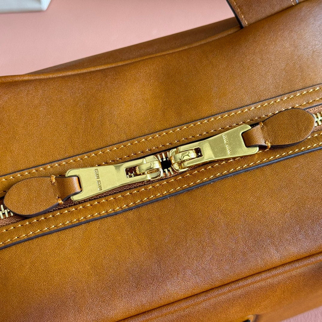 MIUMIU 26S TOP-HANDLE BAG 28 IN TAN BROWN CALFSKIN GOLD HARDWARE