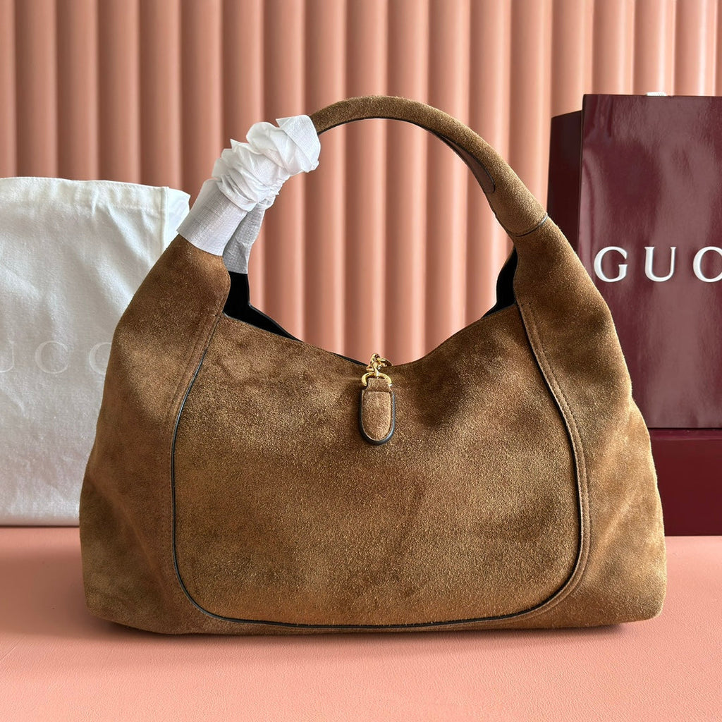 GUCCI 25S HANDBAG 46 CM IN DARK WOOD BROWN SUEDE WITH GOLD HARDWARE
