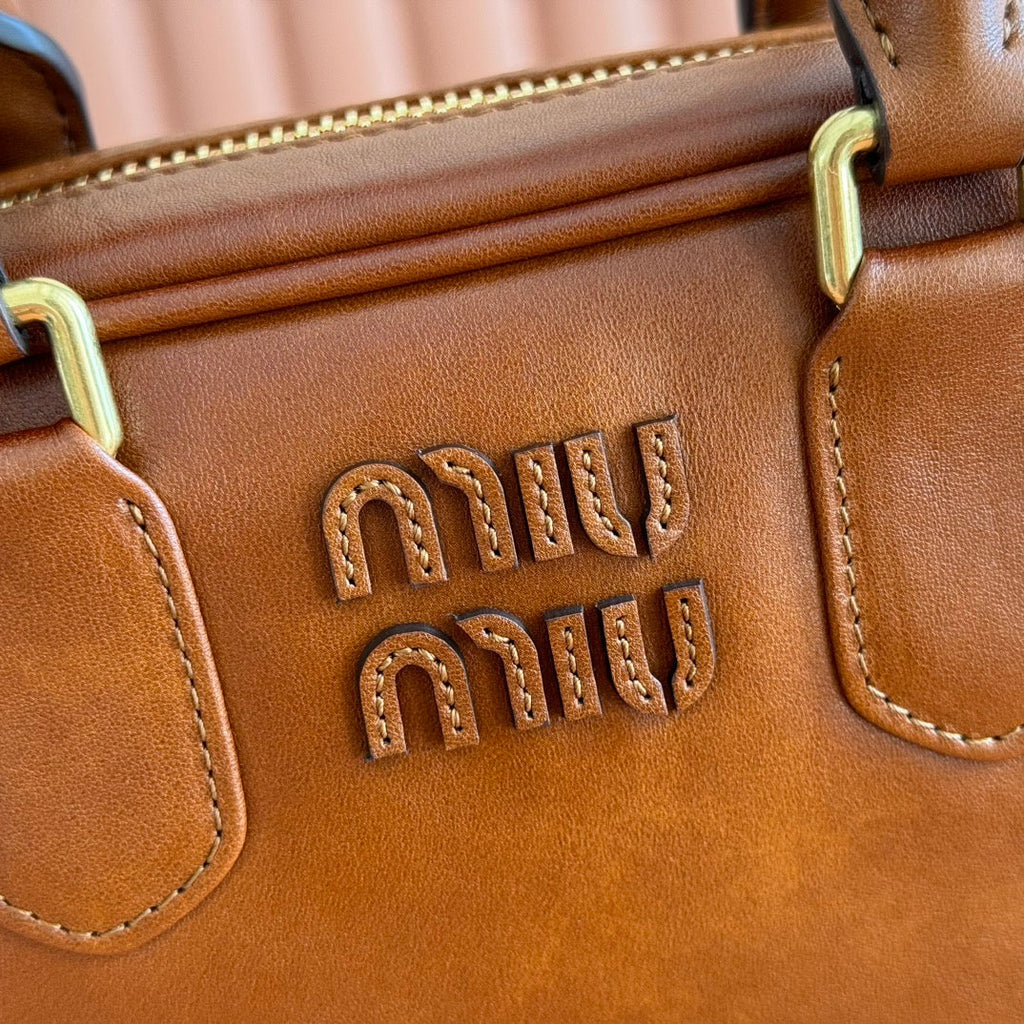 MIUMIU 26S ARCADIE BAG 19 IN TAN BROWN CALFSKIN GOLD HARDWARE
