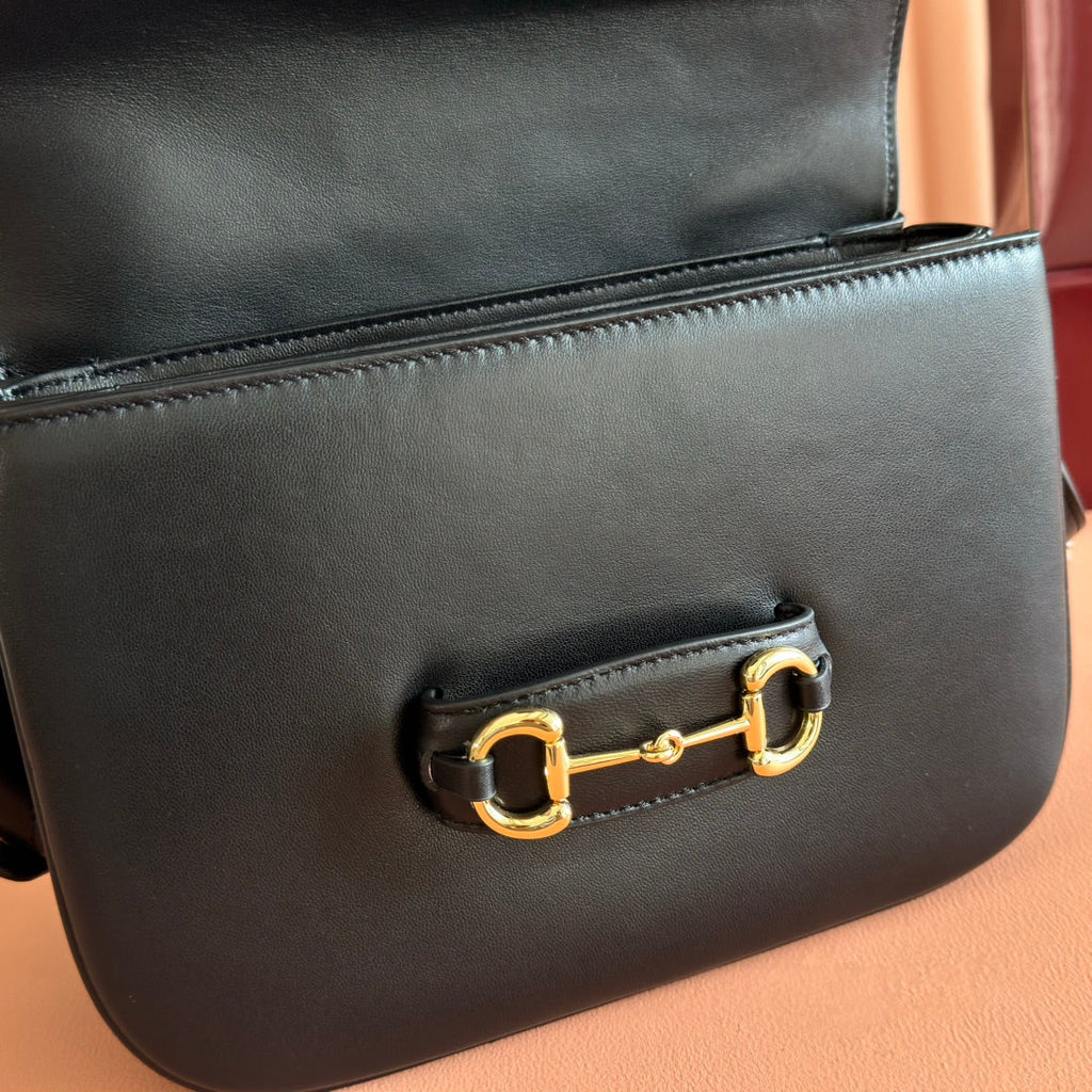 GUCCI 25S HORSEBIT 1955 MINI BAG 26 CM IN BLACK CALFSKIN WITH GOLD HARDWARE