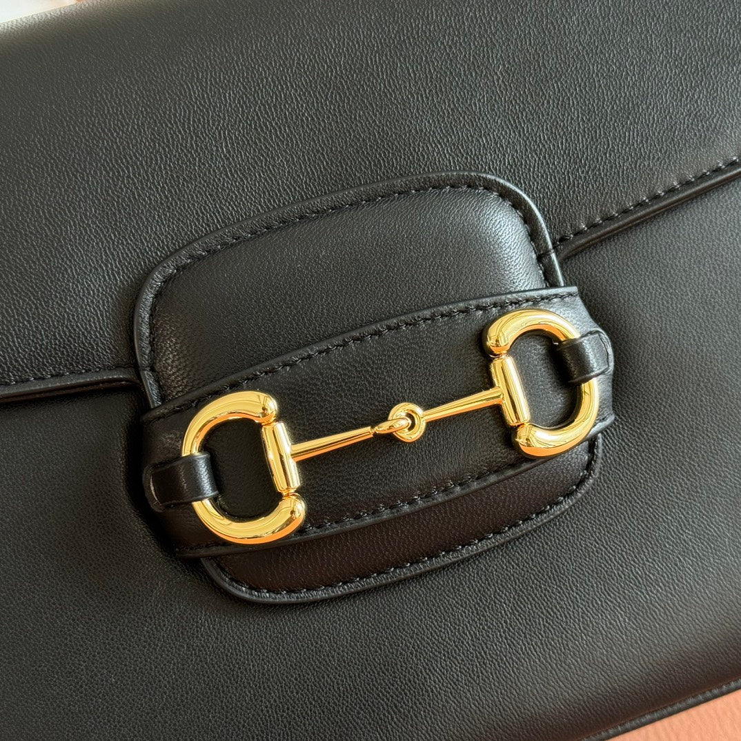 GUCCI 25S HORSEBIT 1955 MINI BAG 26 CM IN BLACK CALFSKIN WITH GOLD HARDWARE
