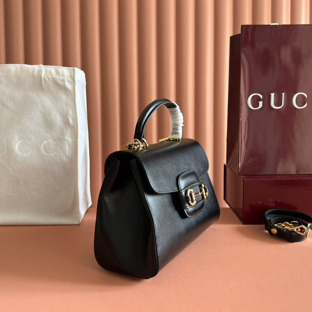 GUCCI 25S HORSEBIT 1955 MEDIUM SHOULDER BAG 29 CM IN BLACK CALFSKIN WITH GOLD HARDWARE