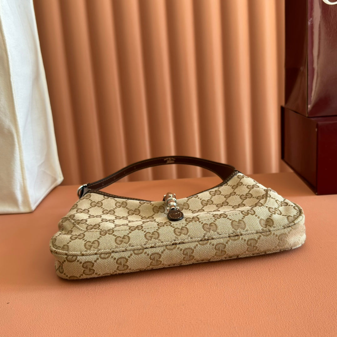 GUCCI 25S JACKIE MONOGRAM 27 CM IN LIGHT BROWN CANVAS AND CALFSKIN