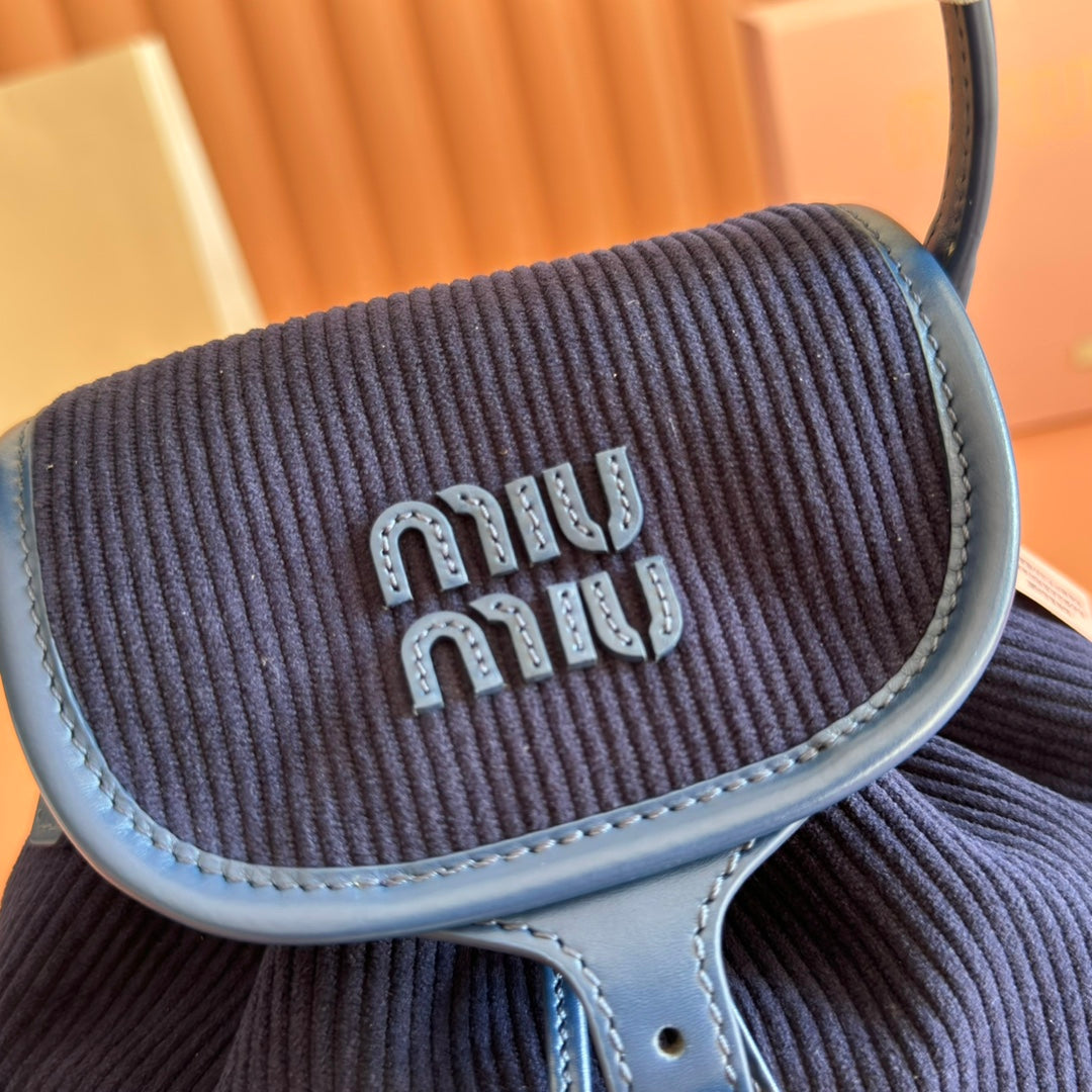 MIUMIU 26S BACKPACK 22 IN DARK BLUE CANVAS BLUE CALFSKIN