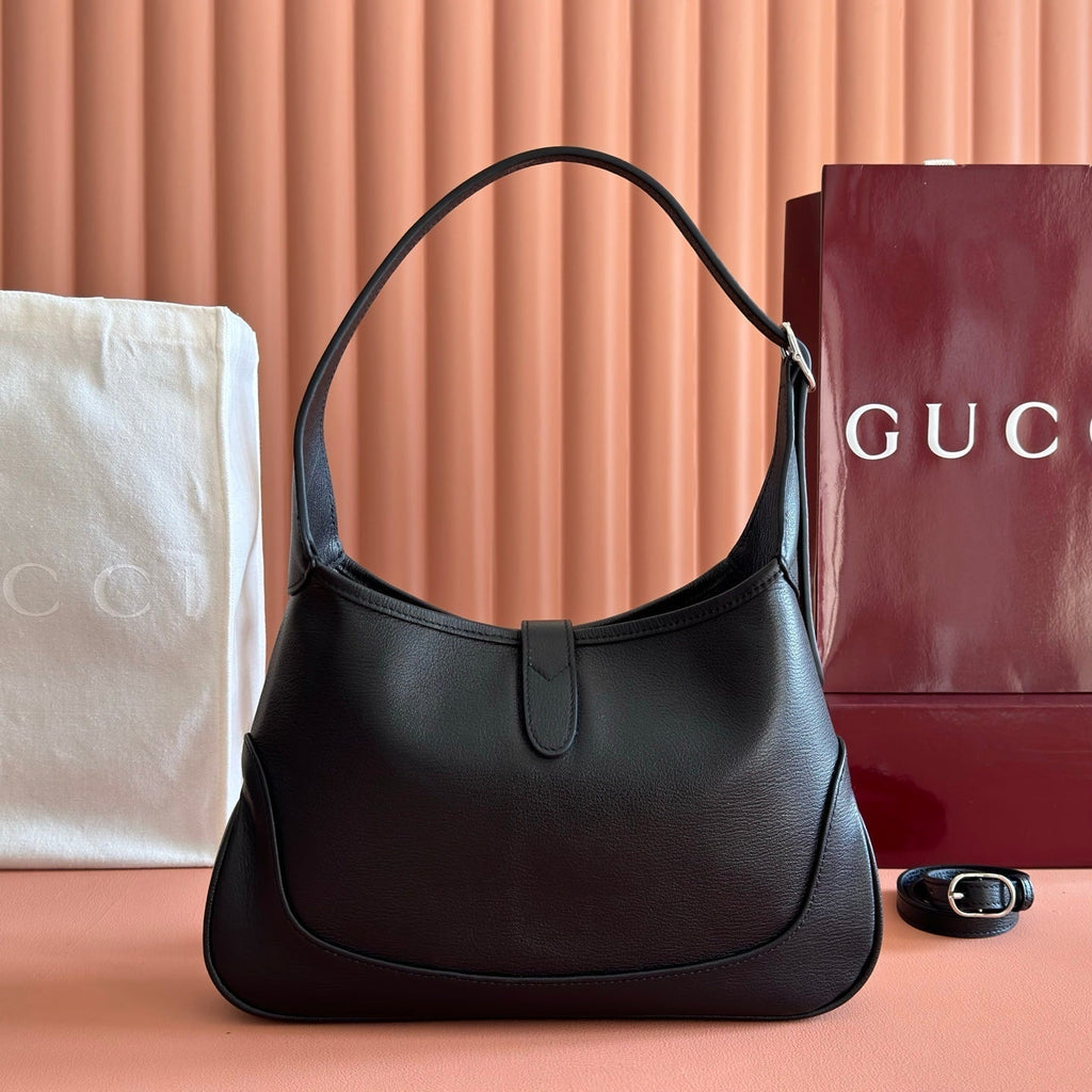 GUCCI 26S JACKIE SLIM SHOULDER BAG 28 IN BLACK CALFSKIN