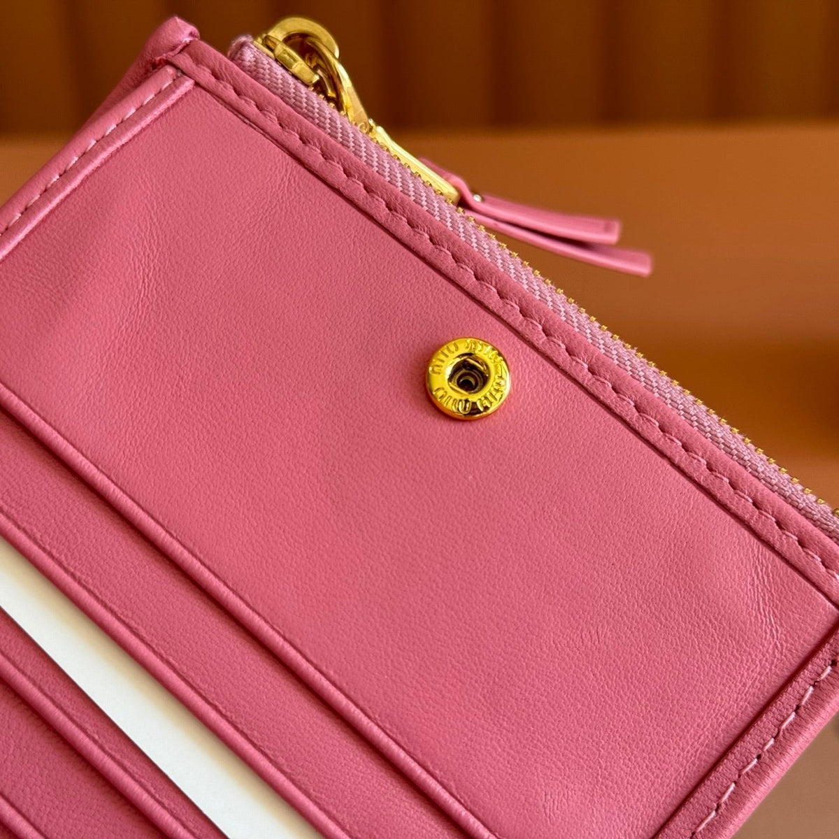 MIUMIU 26S SMALL MATELASSE CARD HOLDER 11 IN PINK CALFSKIN GOLD HARDWARE