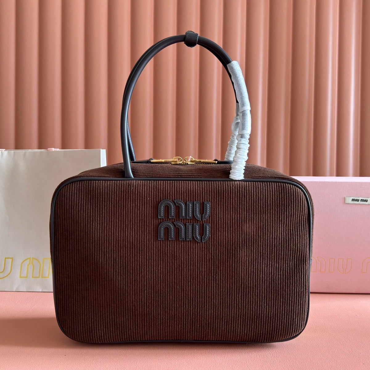MIUMIU 26S BEAU BAG 34 IN CHOCOLATE BROWN CANVAS AND BLACK CALFSKIN