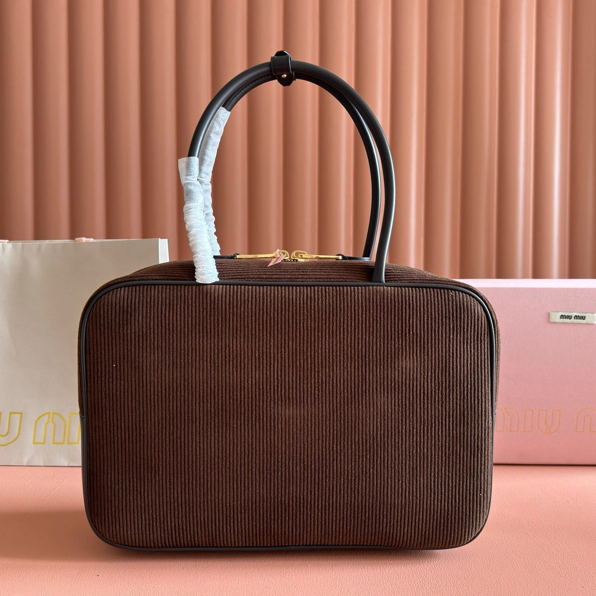 MIUMIU 26S BEAU BAG 34 IN CHOCOLATE BROWN CANVAS AND BLACK CALFSKIN