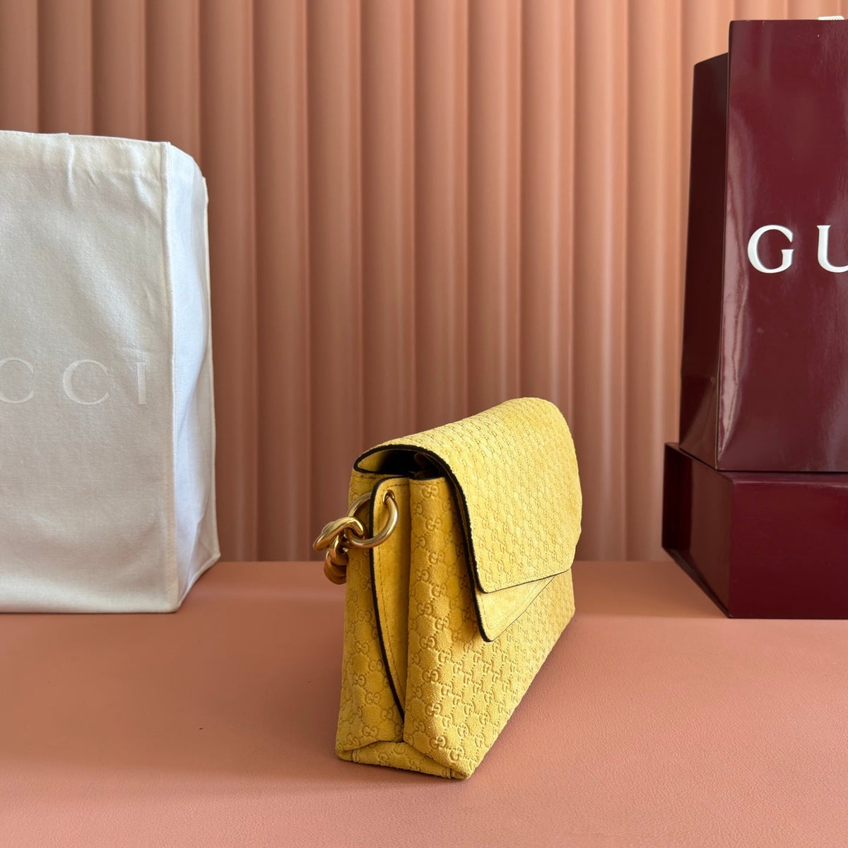 GUCCI 26S SHOULDER BAG 28 IN MUSTARD YELLOW EMBOSSED SUEDE