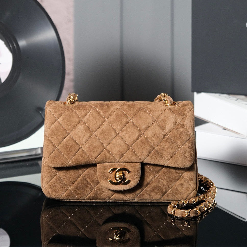 CHANEL 25S FLAP BAG 20 IN BROWN SUEDE WITH GOLD HARDWARE