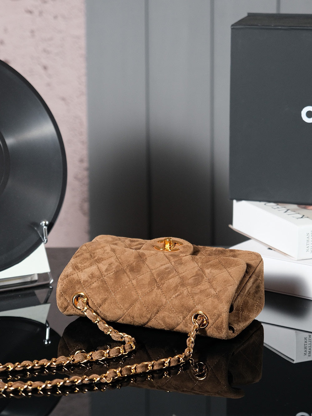 CHANEL 25S FLAP BAG 20 IN BROWN SUEDE WITH GOLD HARDWARE
