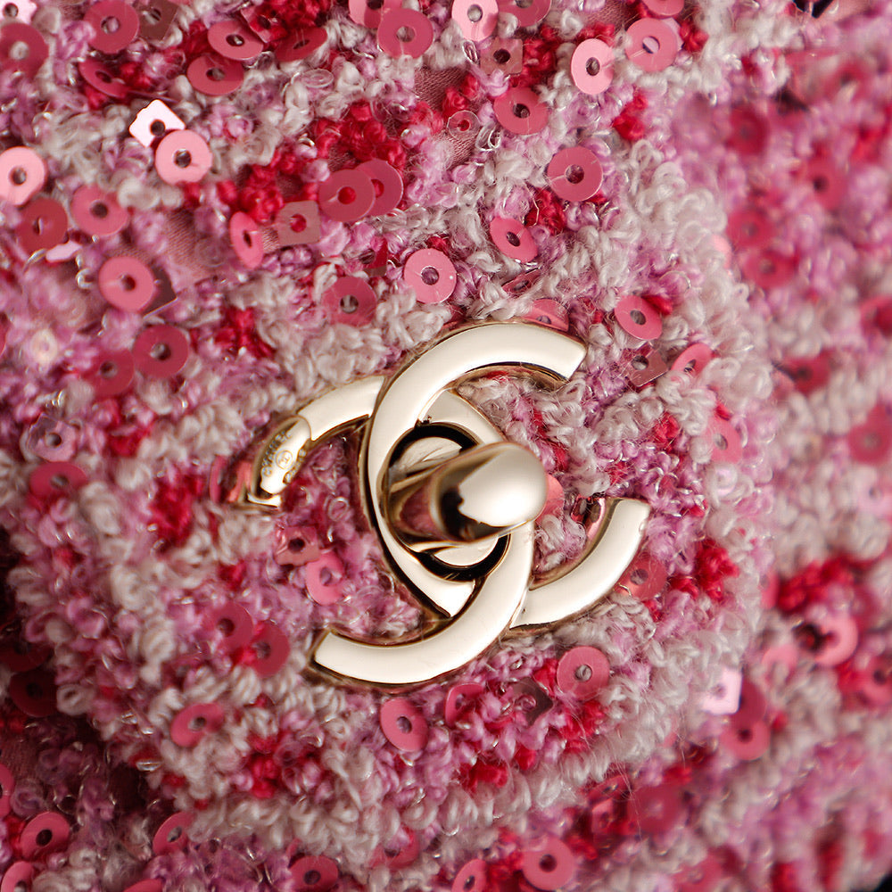 CHANEL 25S FLAP BAG 21 CM IN PINK SEQUINED TWEED WITH GOLD HARDWARE