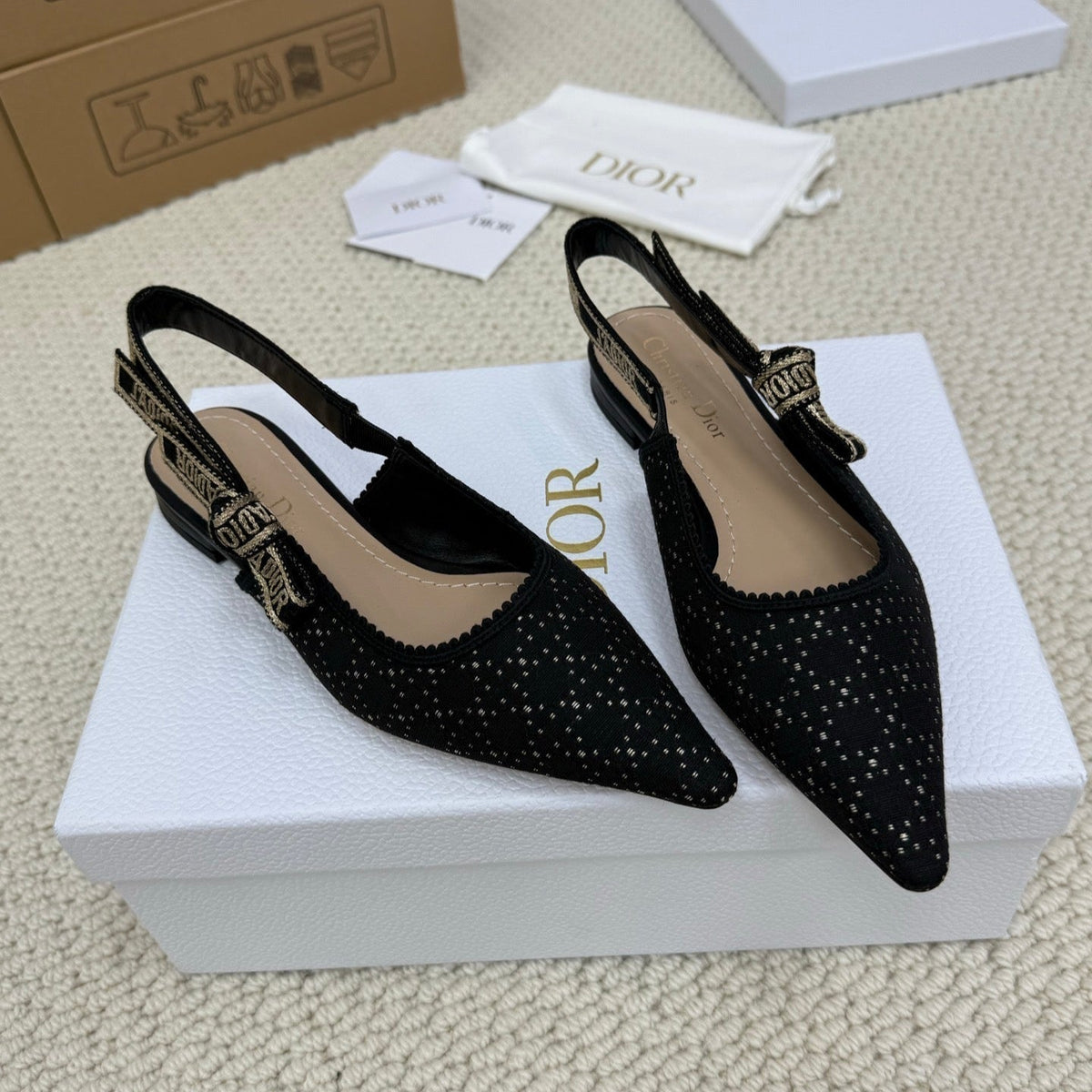 DIOR FLAT SLINGBACK 25S IN BLACK FABRIC AND BRAND NAME EMBROIDERY