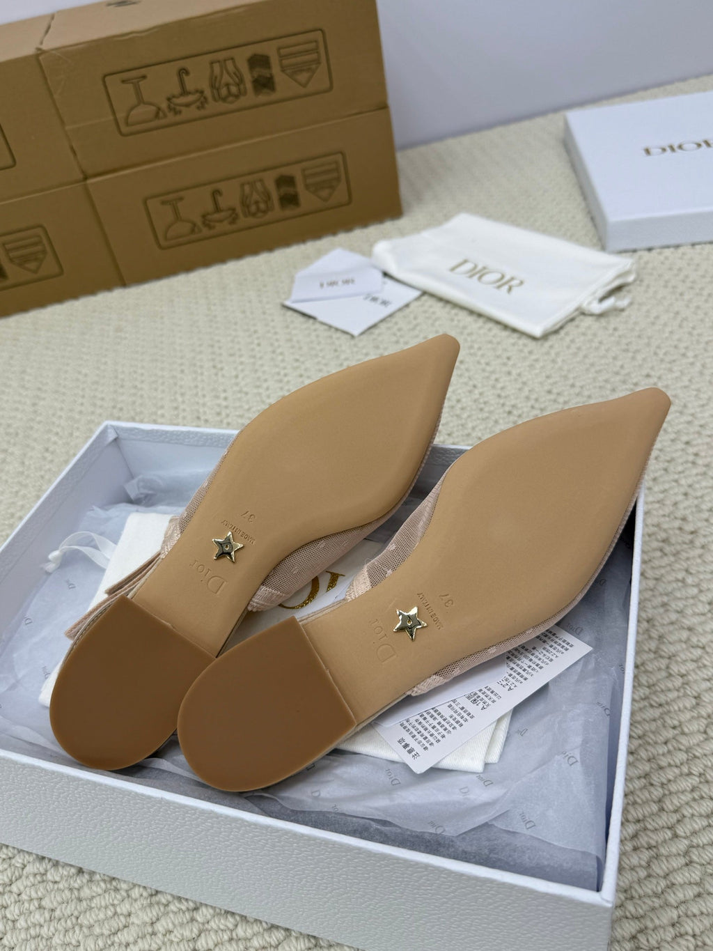 DIOR FLAT SLINGBACK 25S IN NUDE LACE NET FABRIC AND SUEDE