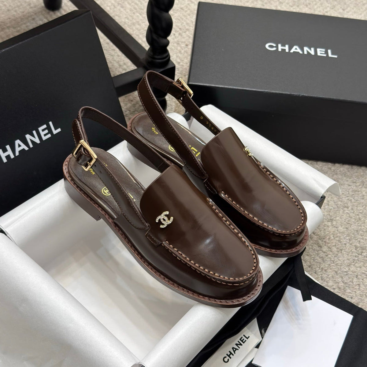 CHANEL 25C Slingback Loafer Chocolate Patent Leather