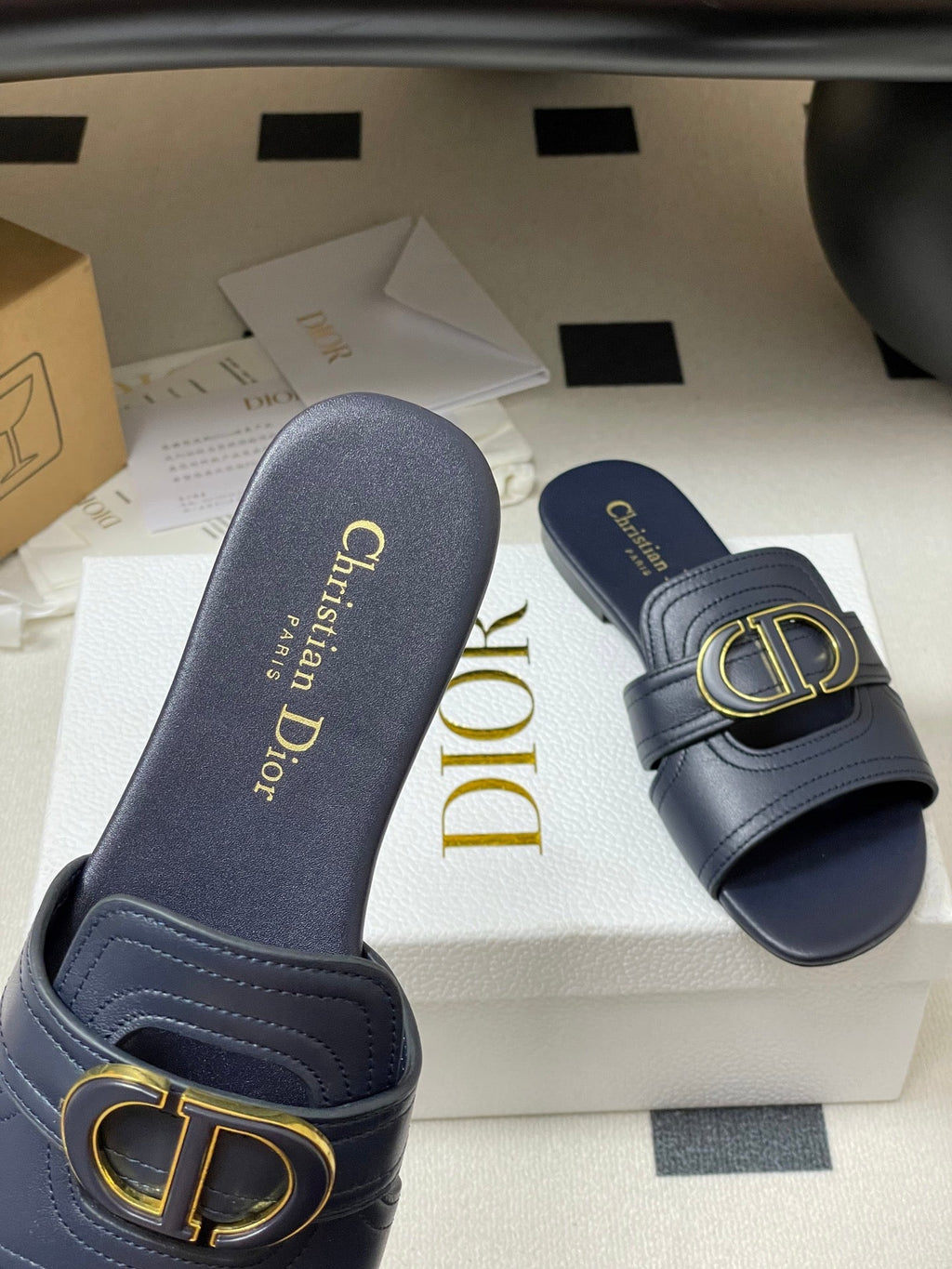 DIOR CLASSIC MONTAIGNE SANDALS 25S IN MIDNIGHT BLUE LAMBSKIN WITH CD LOGO