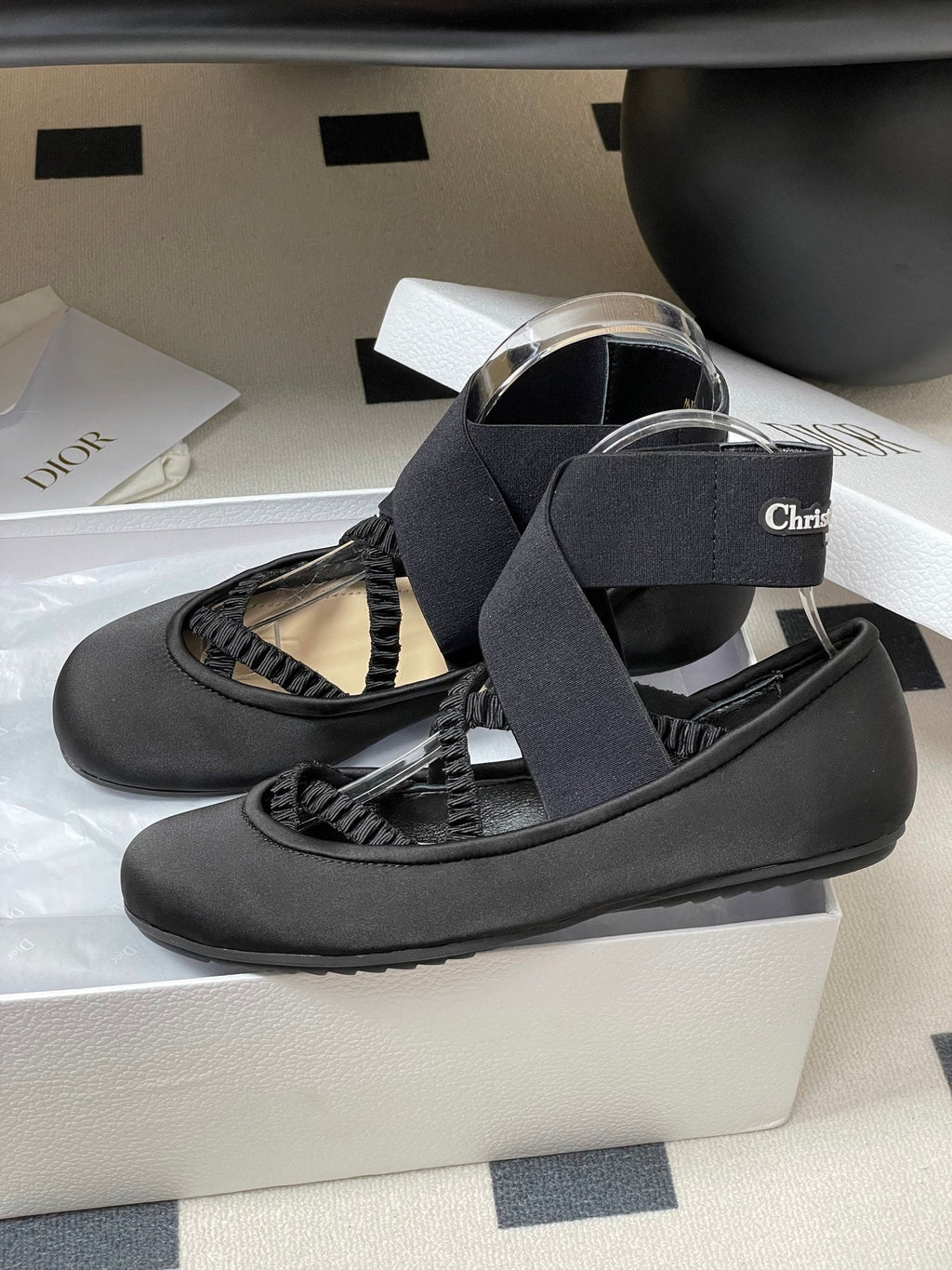 DIOR STRETCH BALLET FLATS 25S IN BLACK FABRIC WITH CROSSED STRAPS