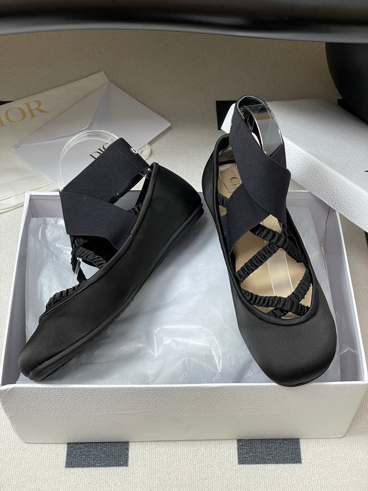 DIOR STRETCH BALLET FLATS 25S IN BLACK FABRIC WITH CROSSED STRAPS
