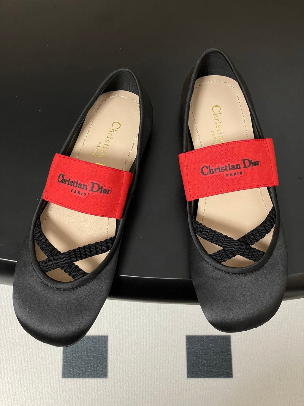 DIOR STRETCH BALLET FLATS 25S IN BLACK MIX RED FABRIC