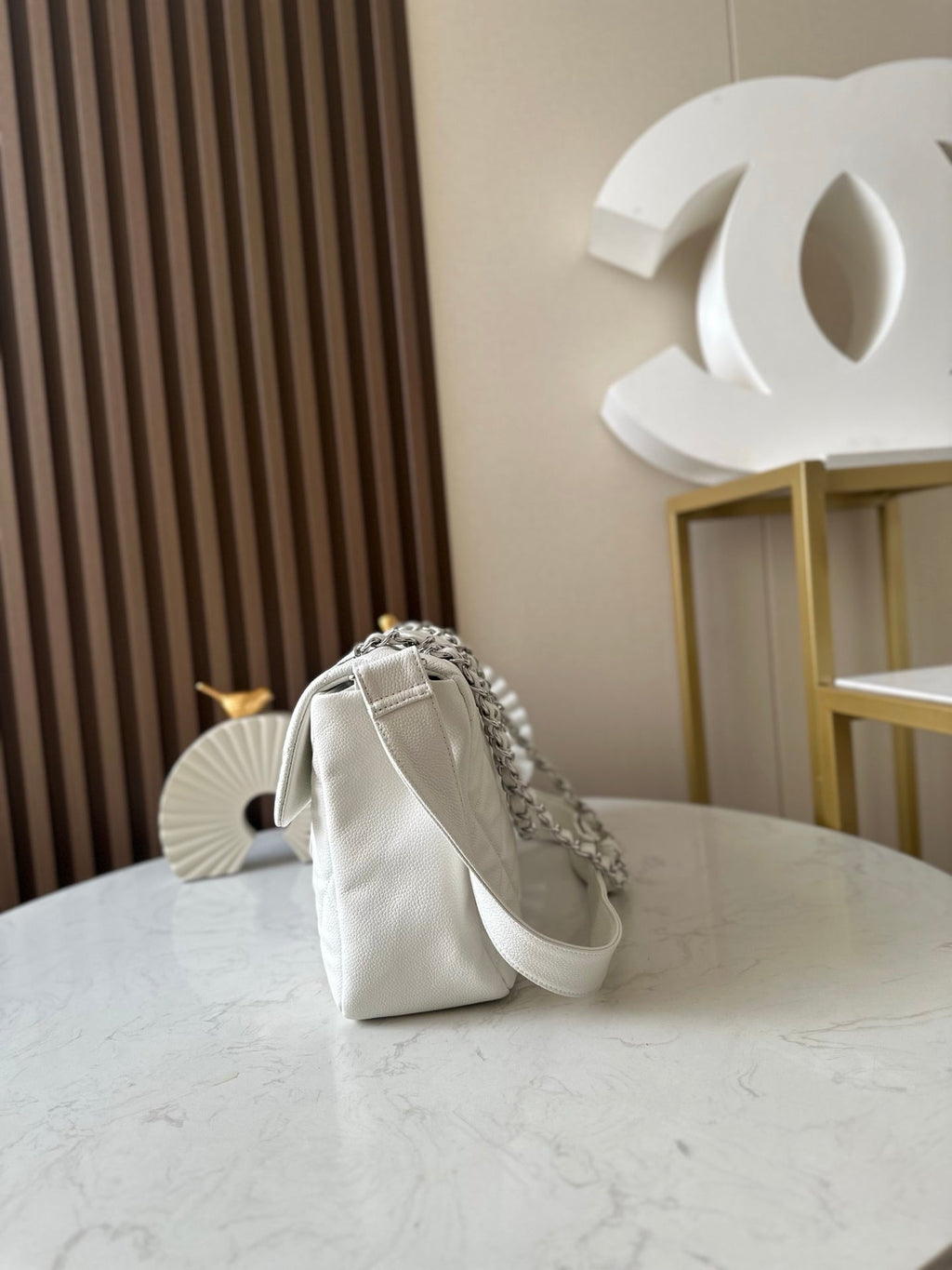 CHANEL 25S SHOULDER BAG 40 IN WHITE CAVIAR WITH SILVER HARDWARE