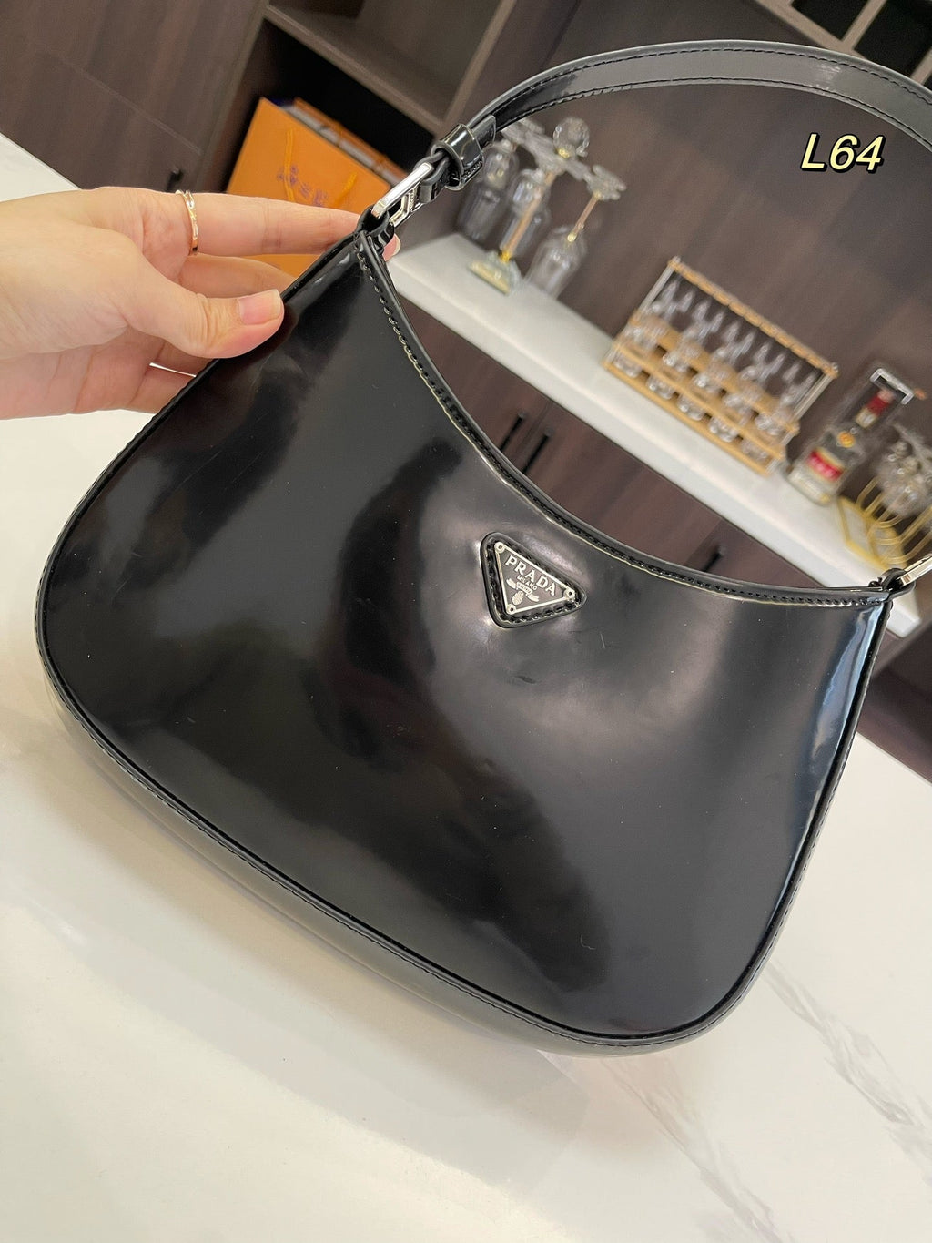 PRADA 30 CLEO SHOULDER BAG IN BLACK BRUSHED LEATHER